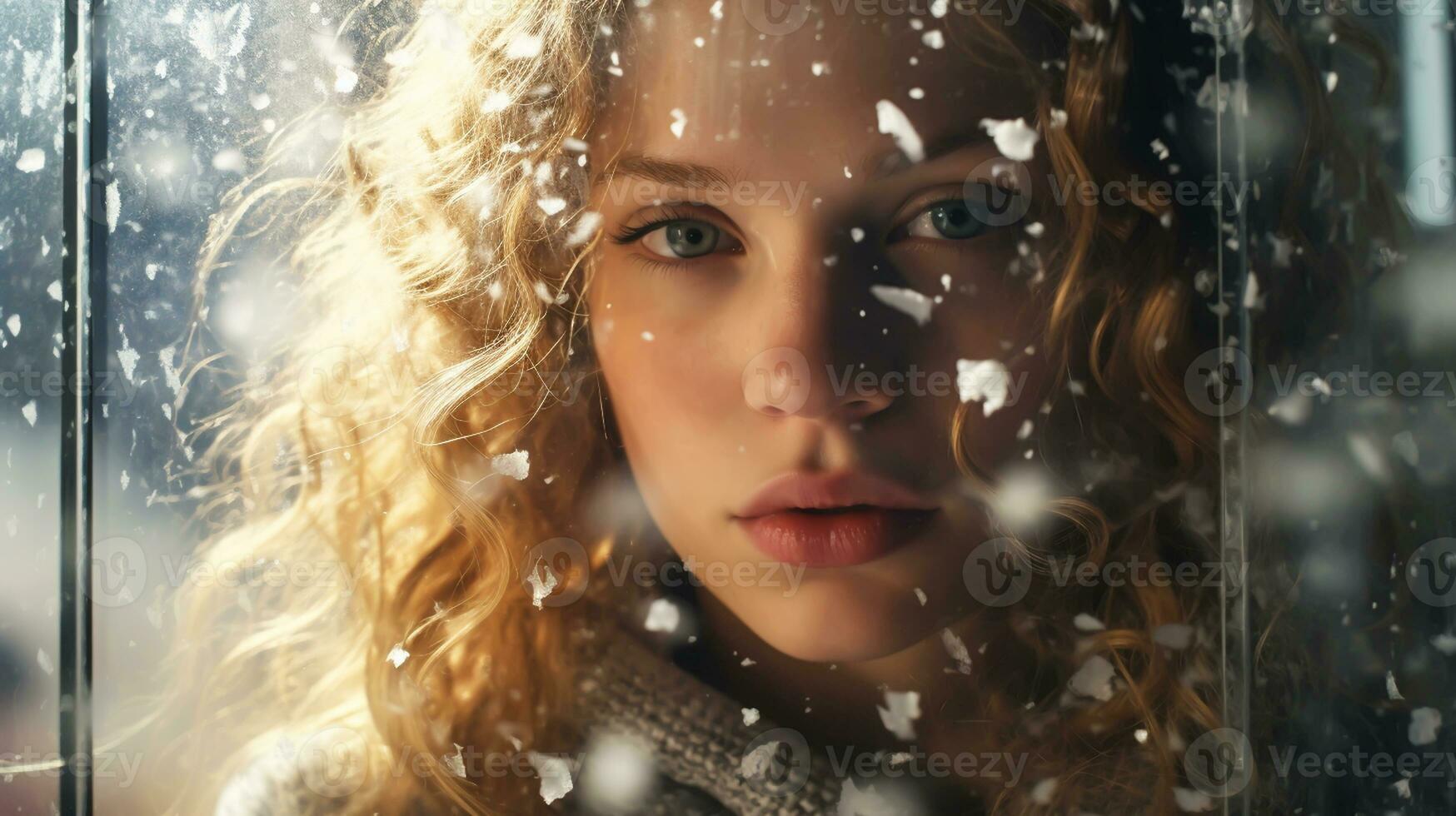 Portrait of a woman under falling snow. Winter time. AI generated photo