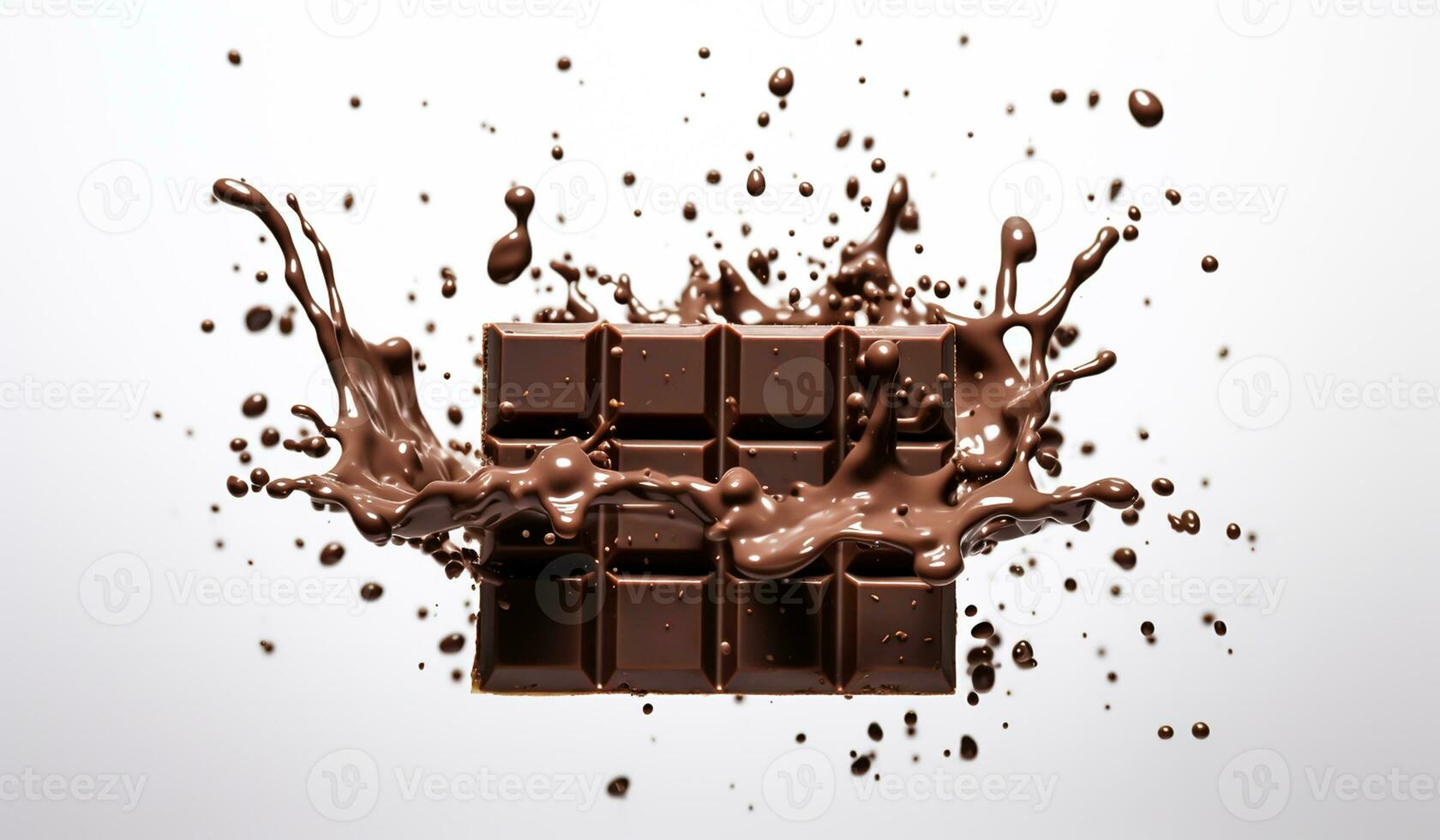 Splash of dark chocolate bar in liquid chocolate, for a culinary advertisement. AI generated photo