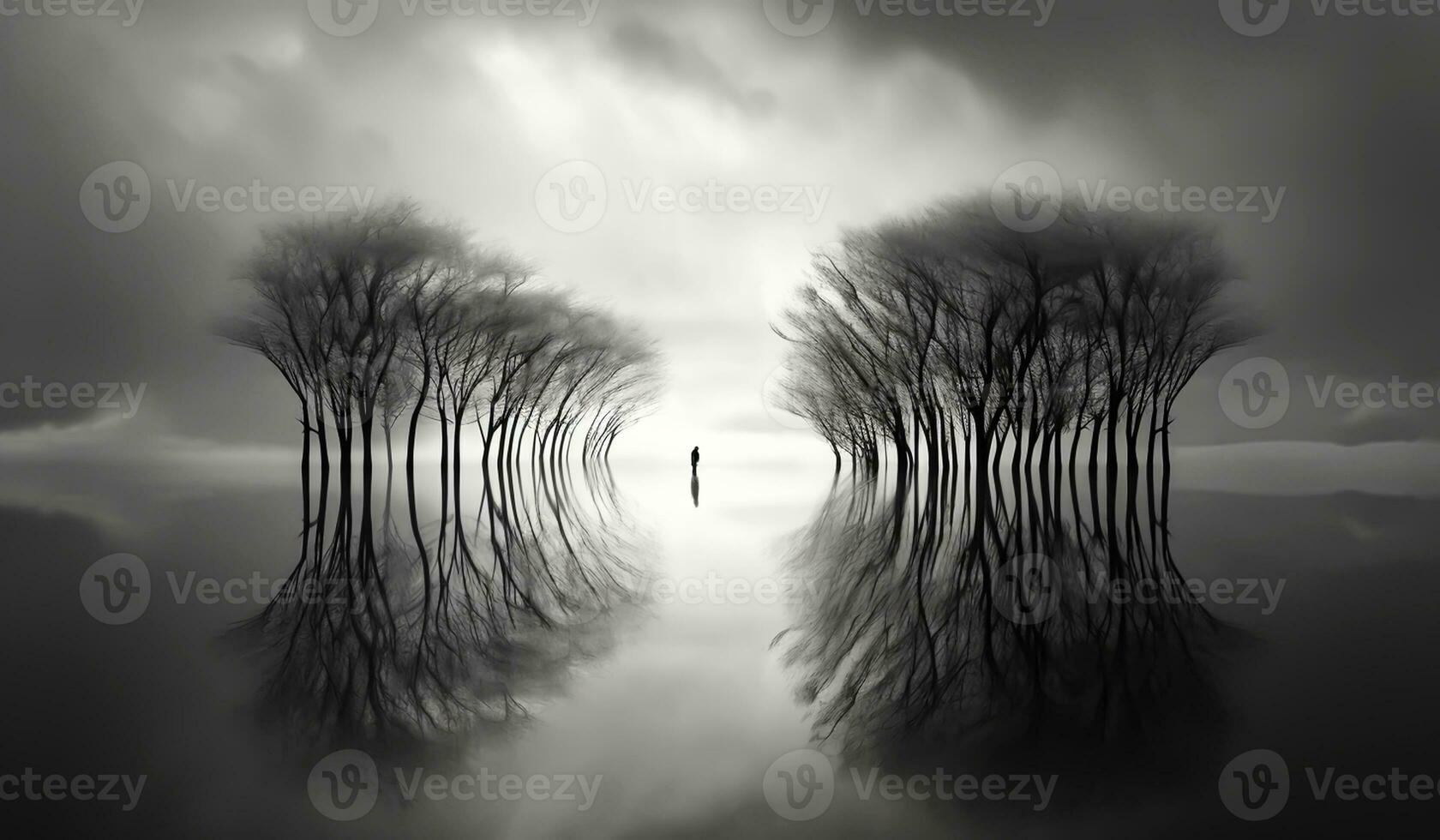 Scenic and super beautiful monochrome image of silhouettes of people walking between trees. AI generated photo