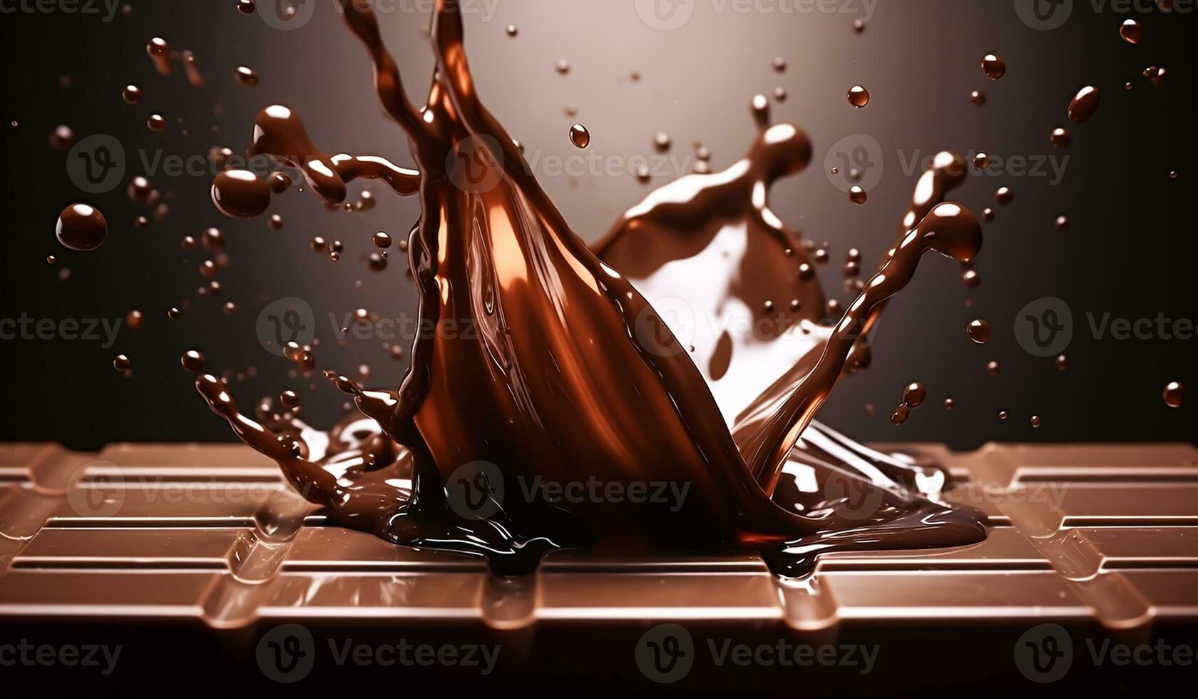 Splash of dark chocolate bar in liquid chocolate, for a culinary advertisement. AI generated photo