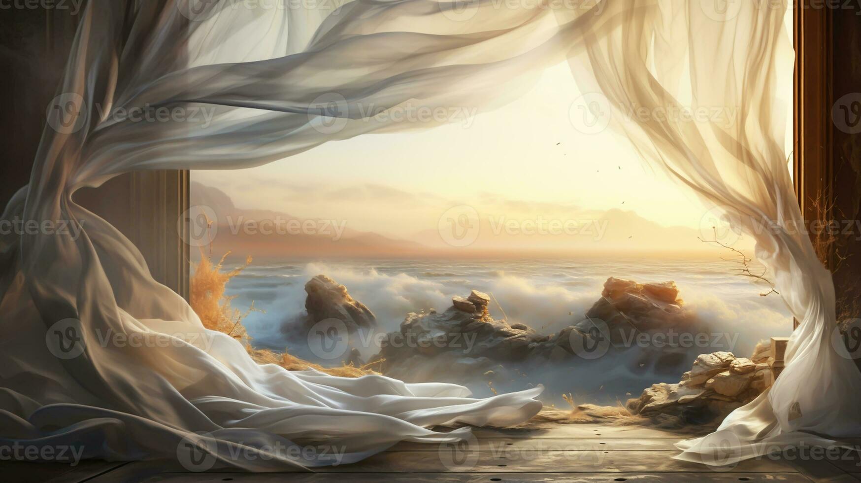 Draped and floating transparent curtain. AI generated photo