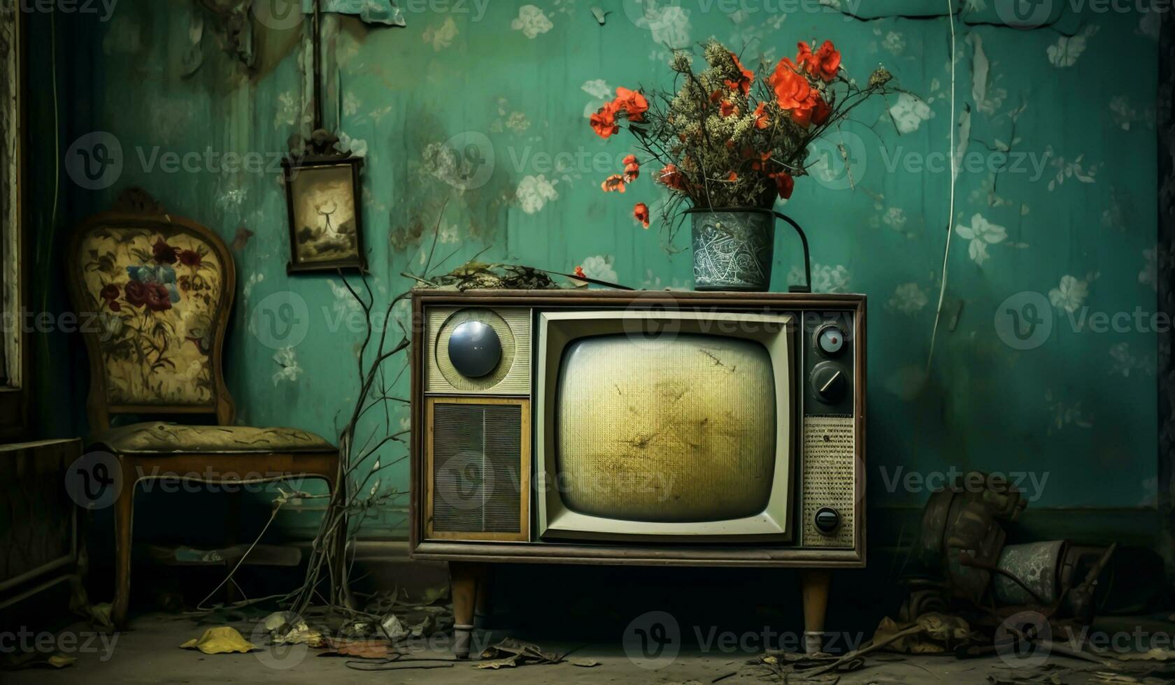 Still life of a dirty and abandoned room with an old television. AI generated photo