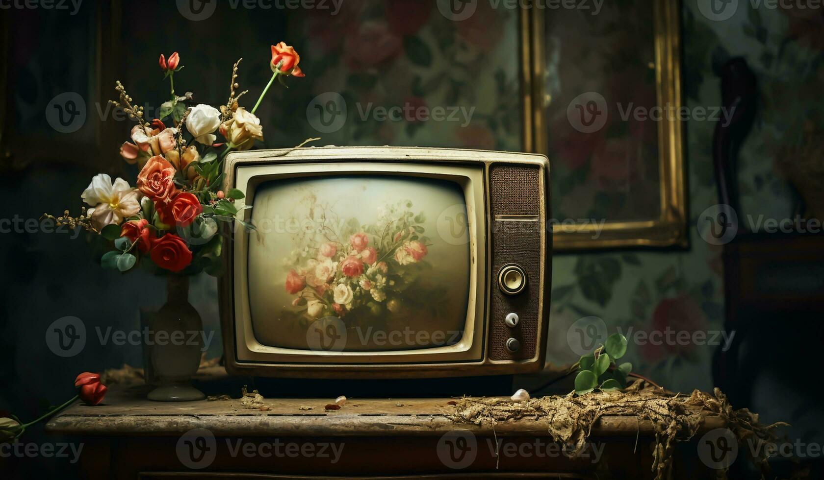 Still life of a dirty and abandoned room with an old television. AI generated photo