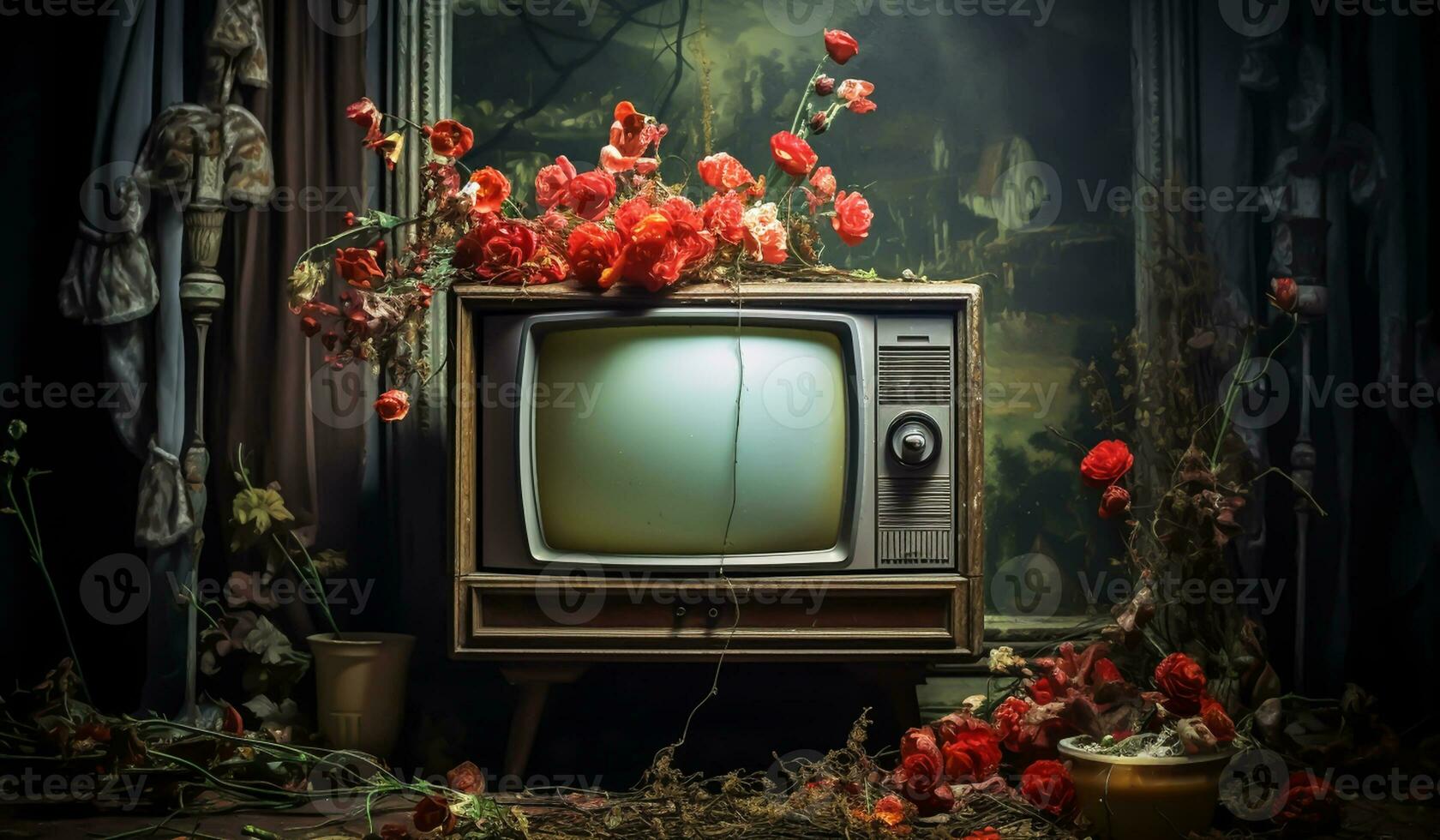 Still life of a dirty and abandoned room with an old television. AI generated photo