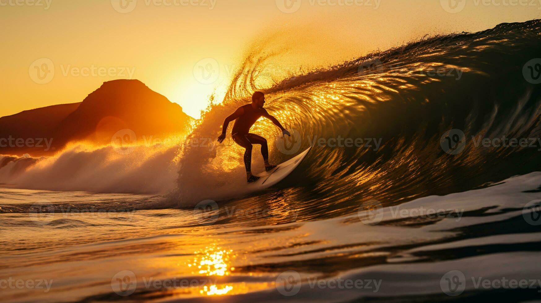Surfer with surfboard on the beach at sunset. AI generated photo