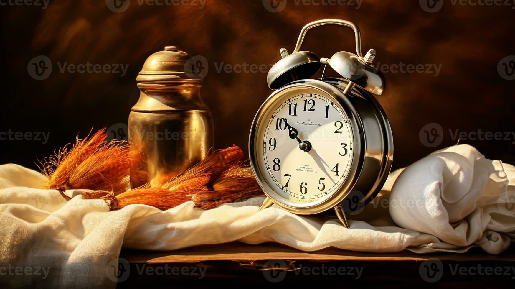 Vintage still life with old alarm clock. AI generated photo