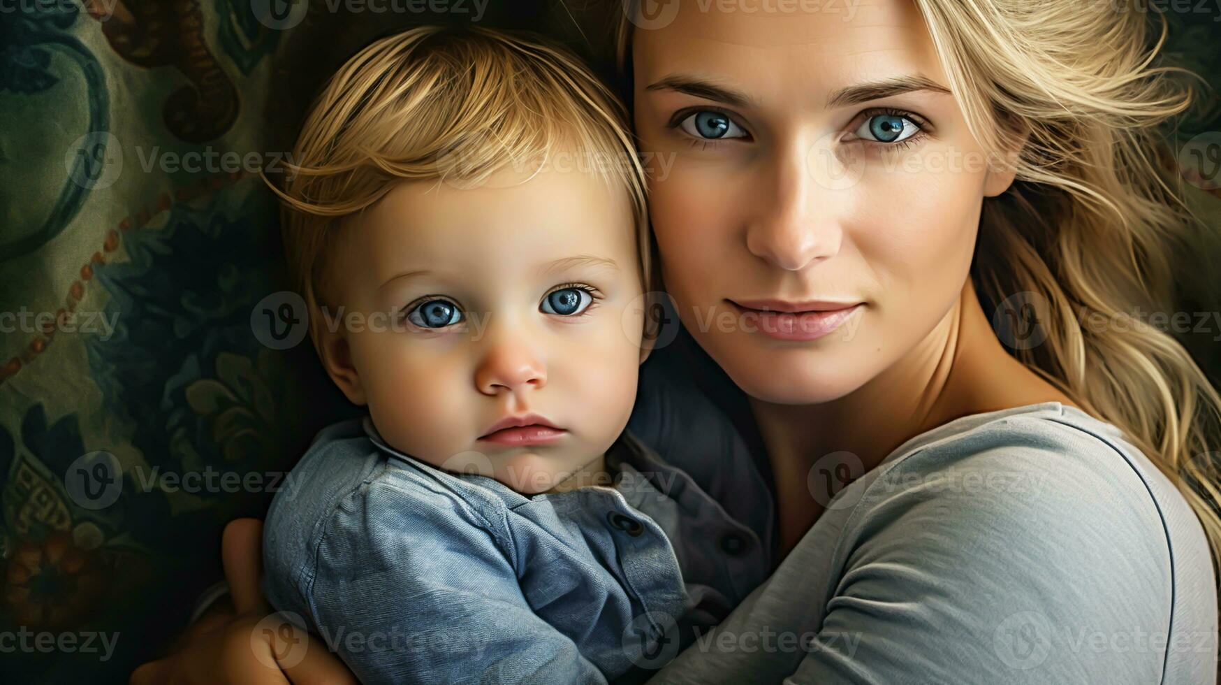 The tenderness of a child in his mother's arms. Mother's Day time. AI generated photo