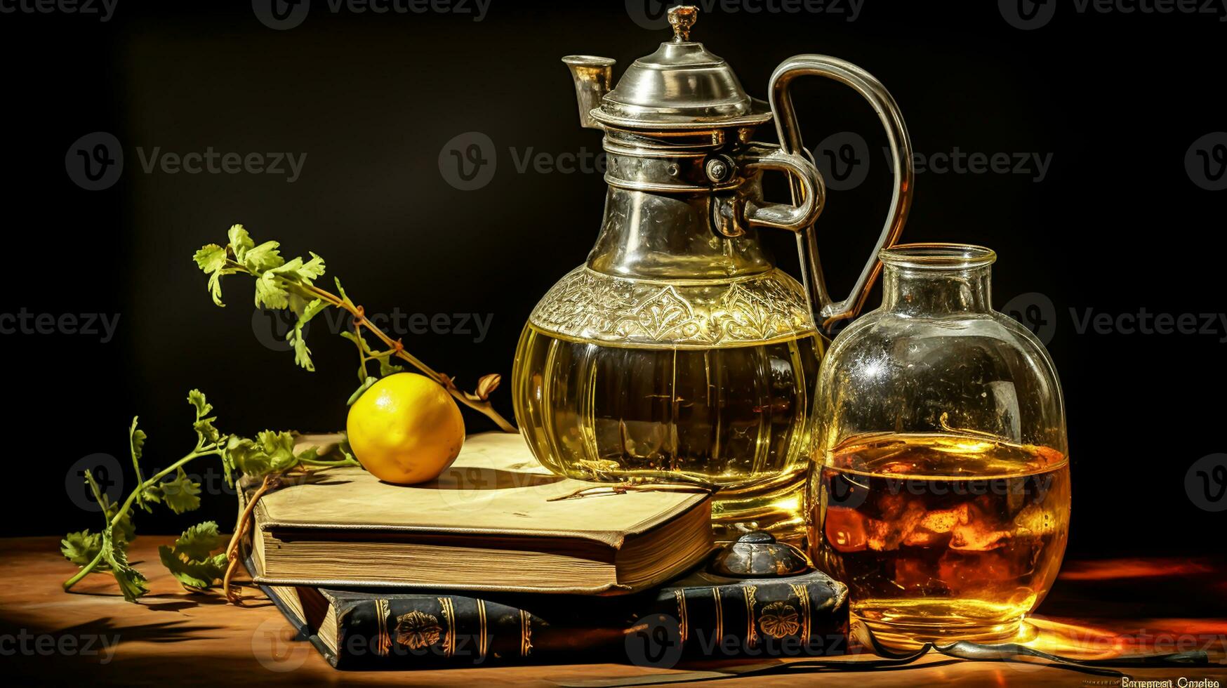 Still life with old book and old metal and glass jugs. AI generated photo