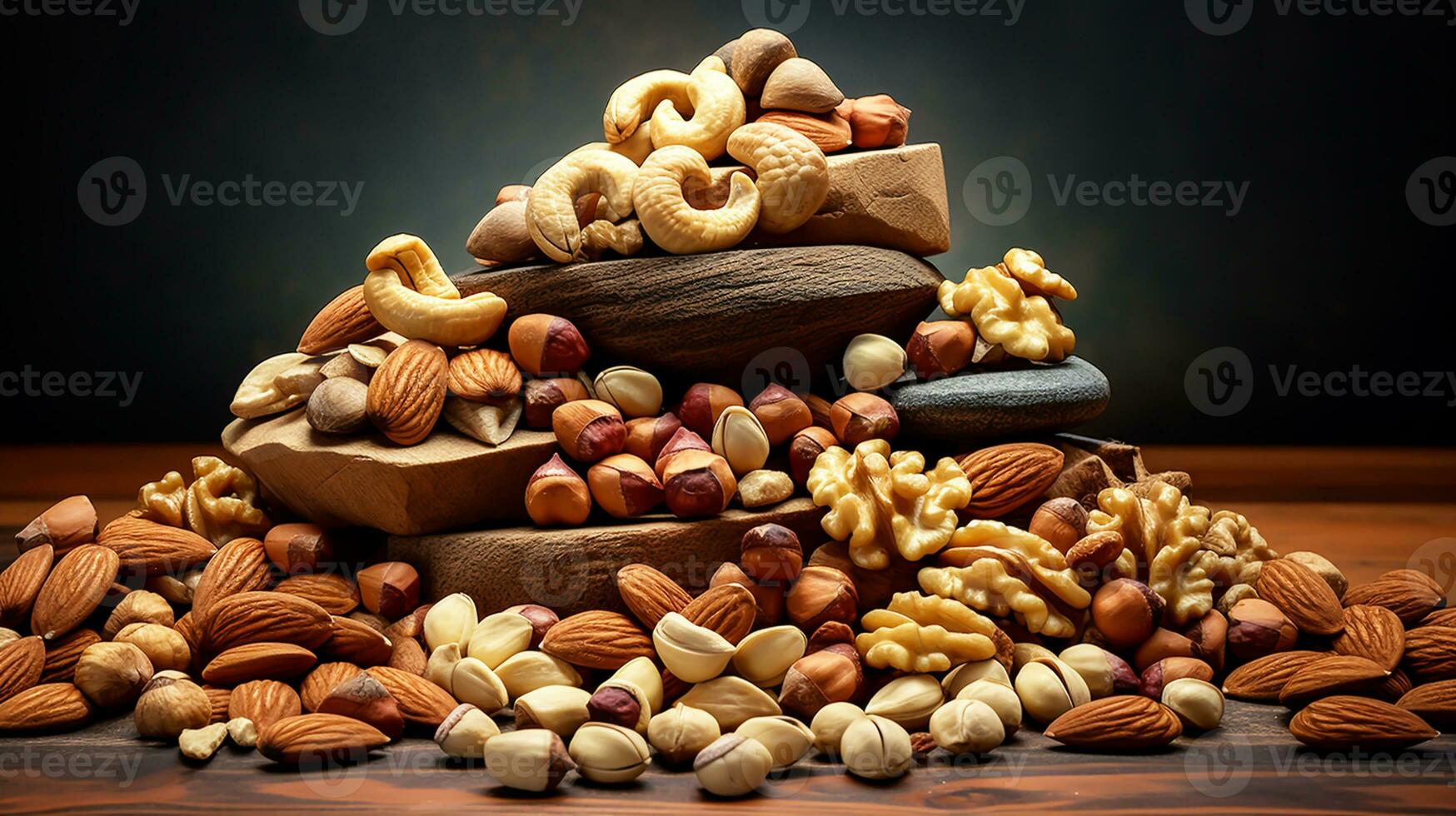 Still life with many varieties of nuts. Autumn time. AI generated photo