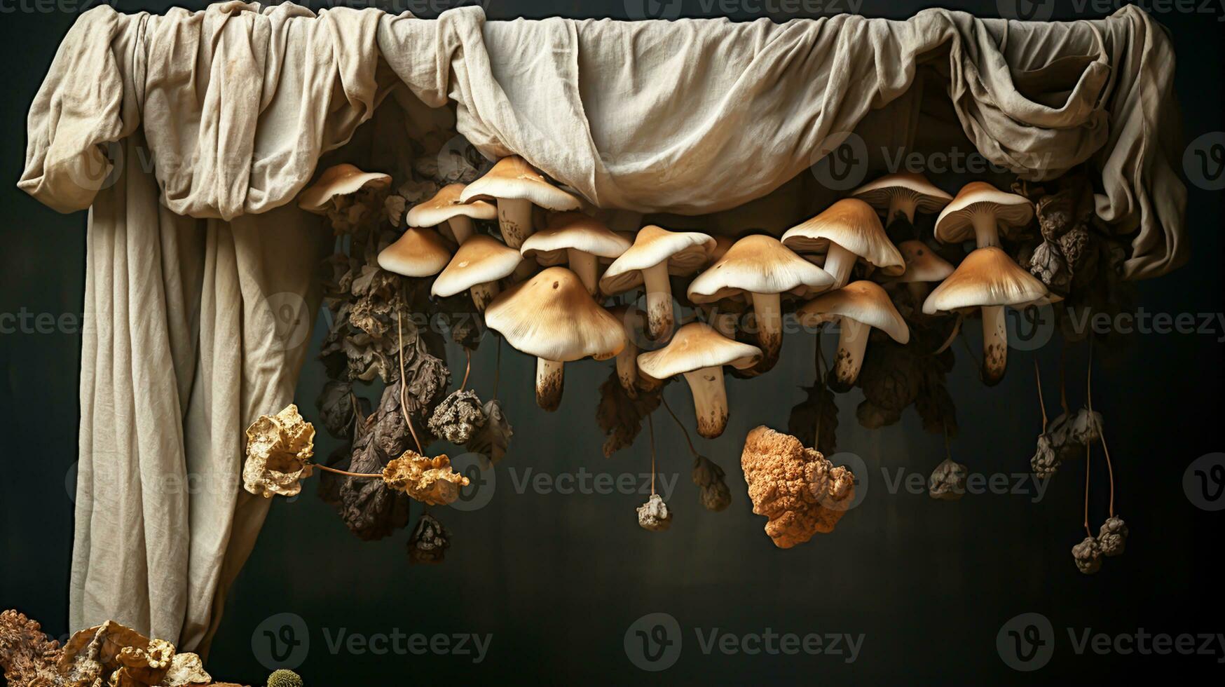 Golden light still life with dried mushrooms and old fabric falling from above. AI generated photo