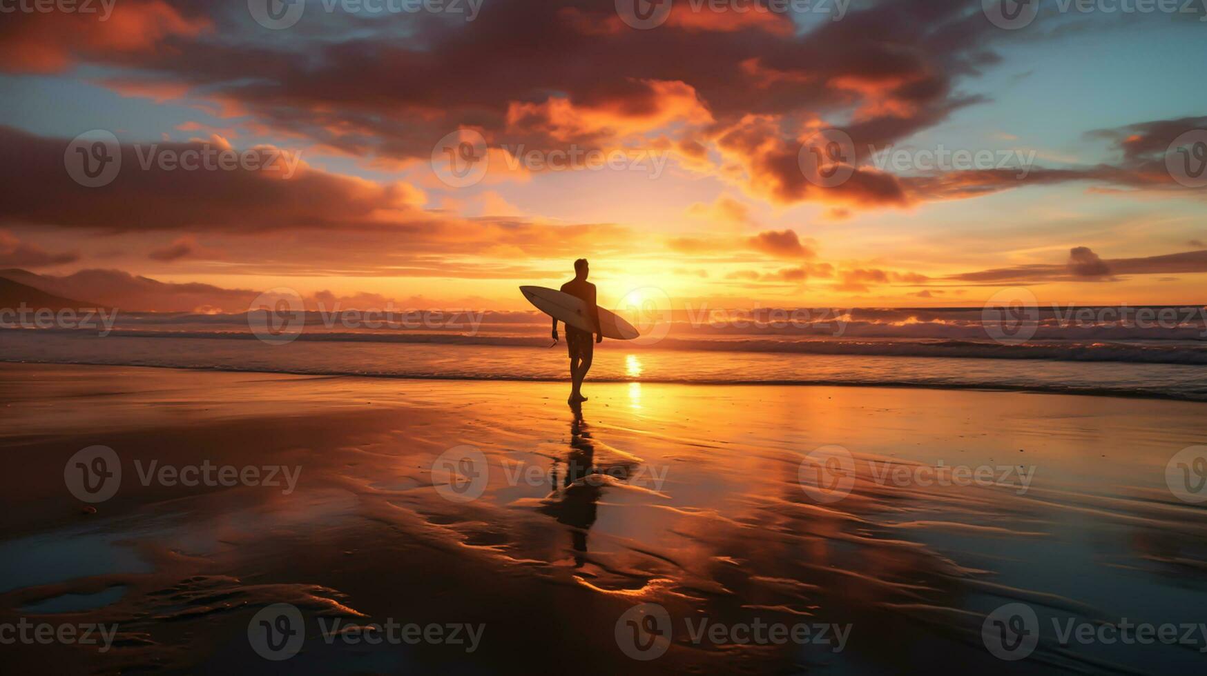 Surfer with surfboard on the beach at sunset. AI generated photo