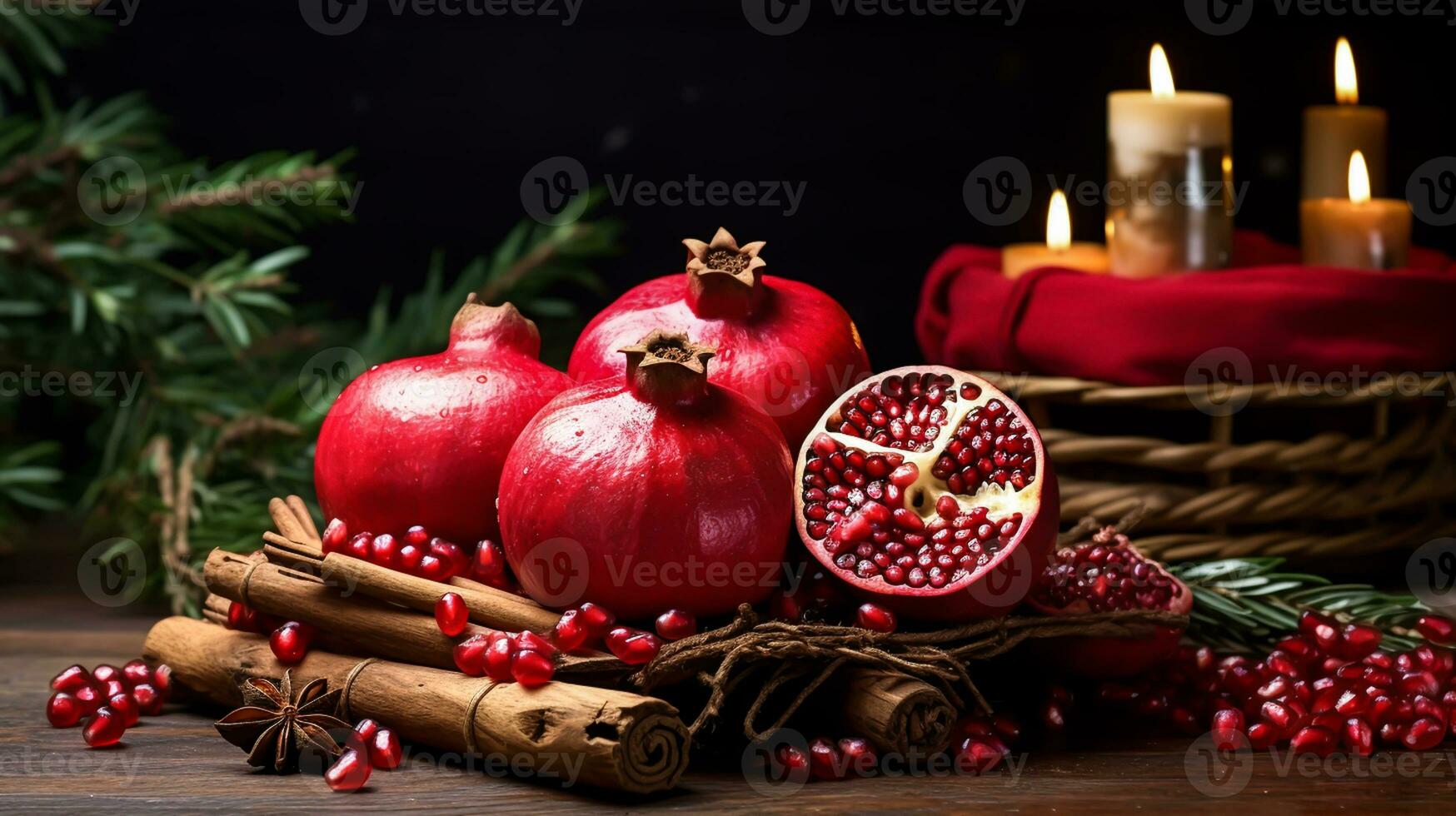 Still life with pomegranates and cinnamon sticks. Christmas time. AI generated photo