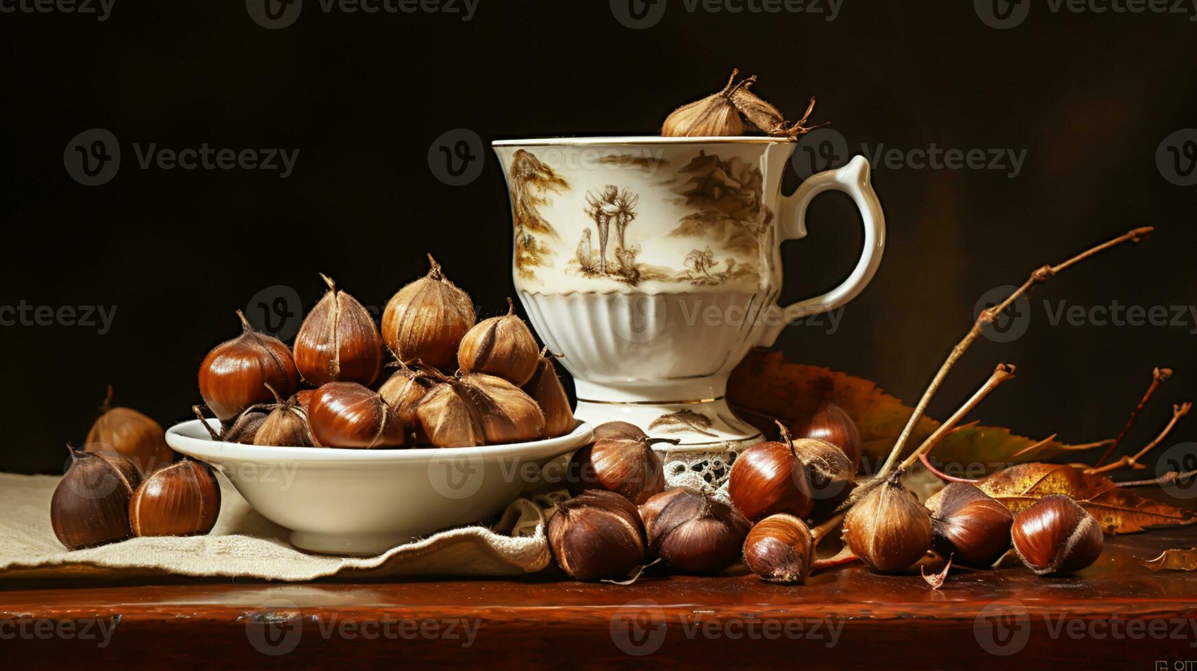 Still life with chestnuts in a porcelain cup. AI generated photo