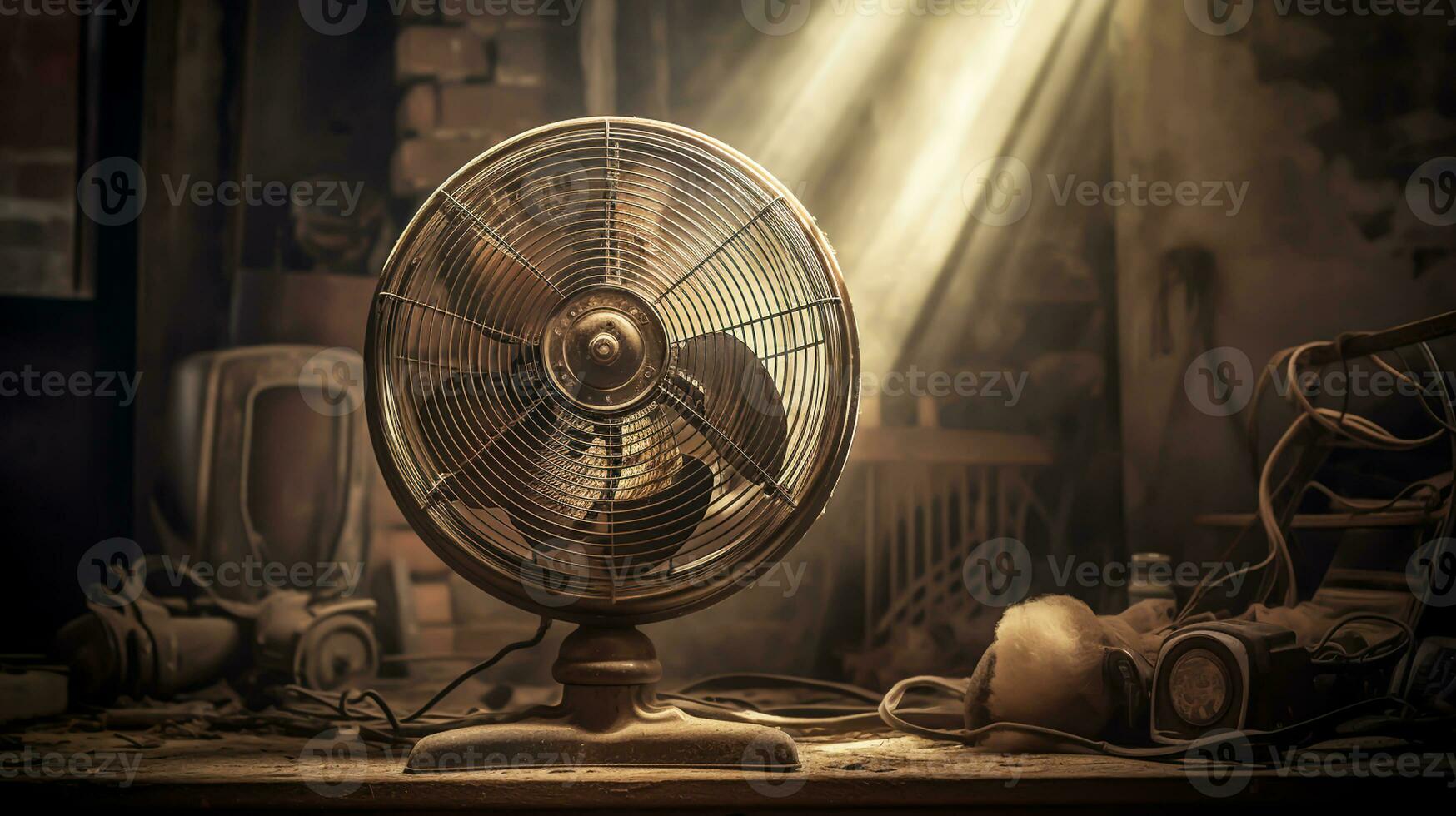 todavía vida con antiguo eléctrico ventilador en dramático ambiente. ai generado foto