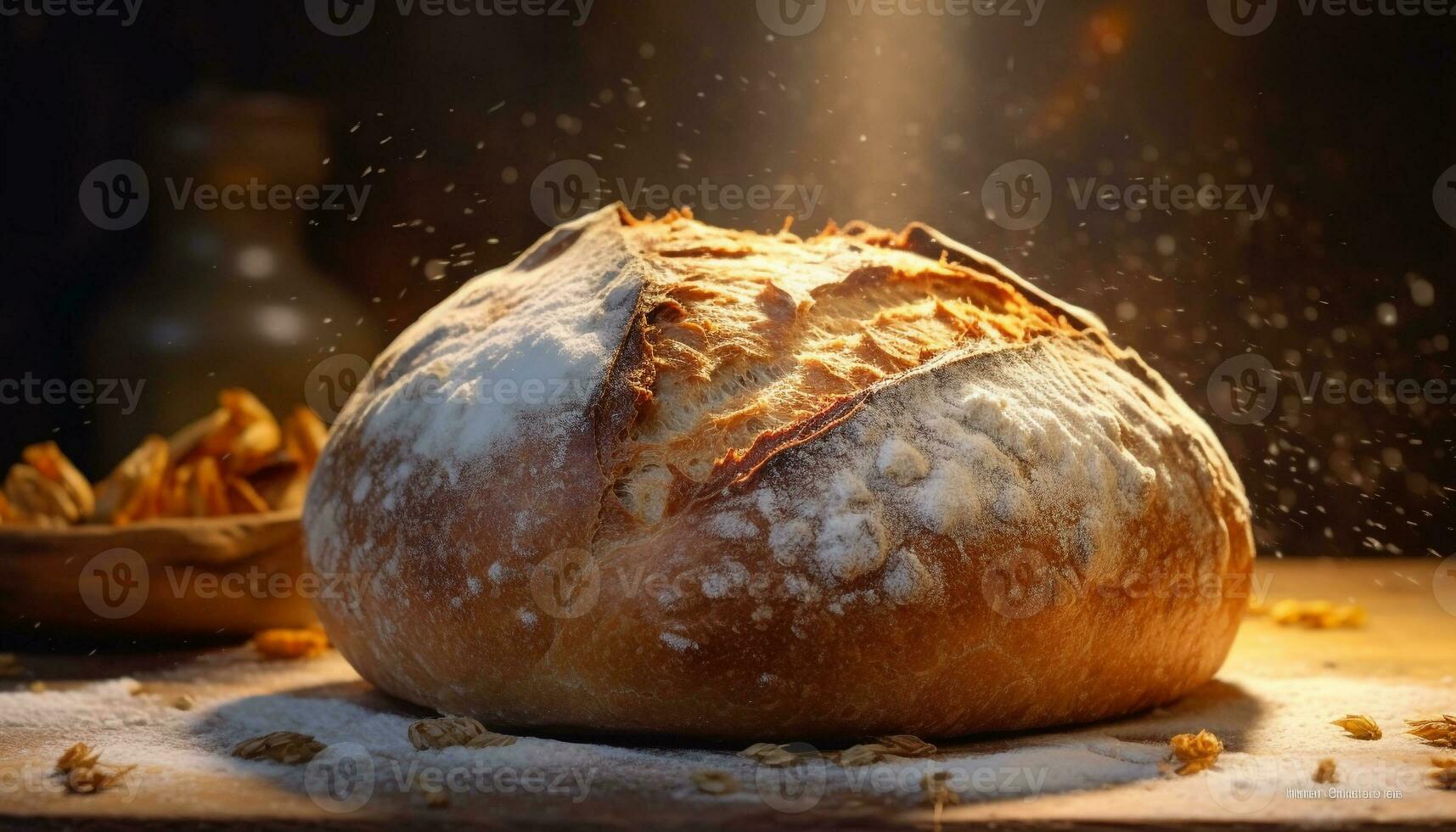 Freshly baked homemade bread on rustic wooden table, a wholesome meal generated by AI photo