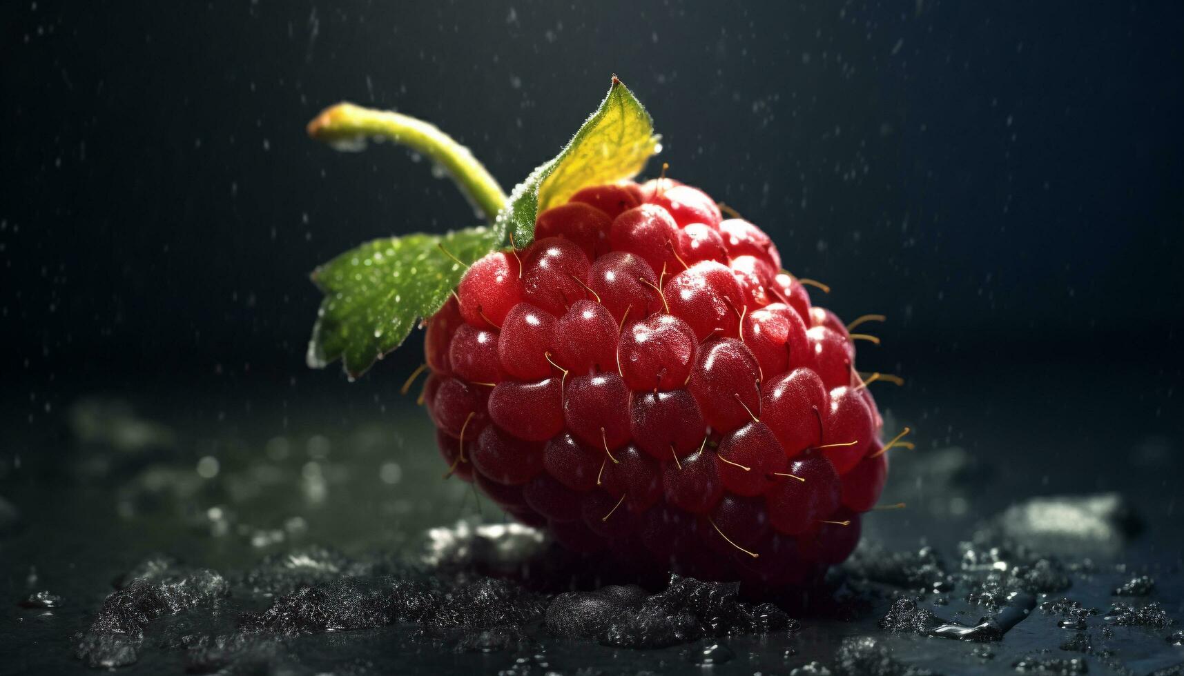 Freshness of ripe berry fruit, wet leaf, splashing water, juicy strawberry generated by AI photo