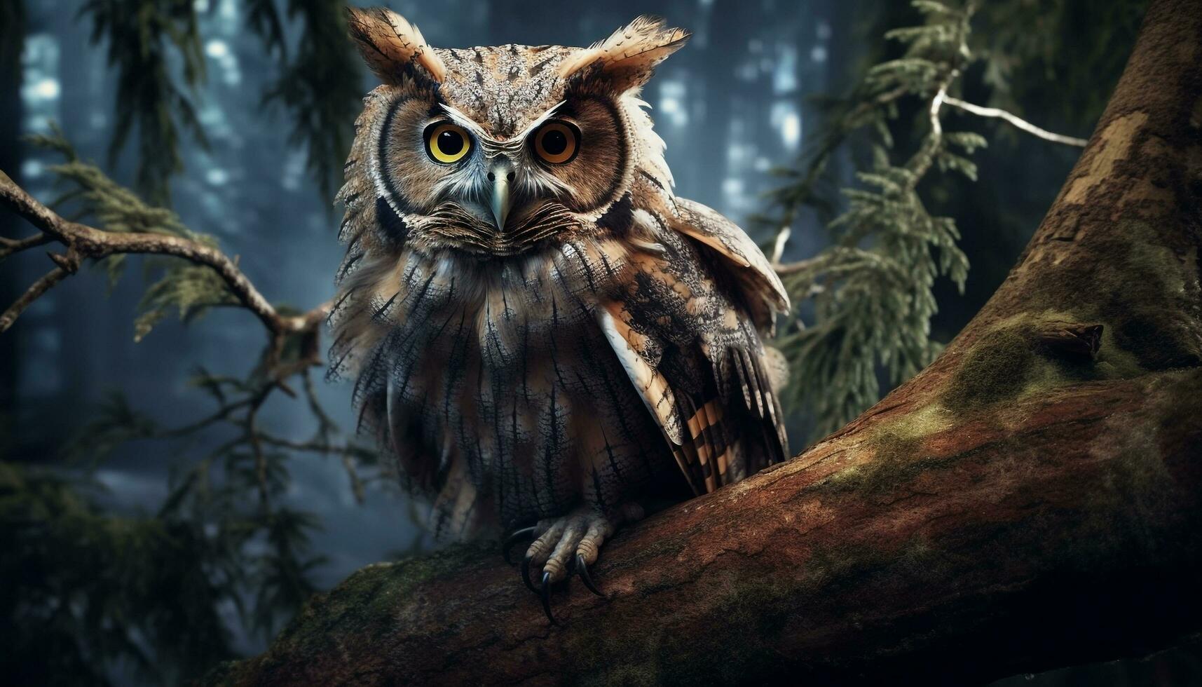 A majestic eagle owl perched on a branch, staring intently generated by AI photo