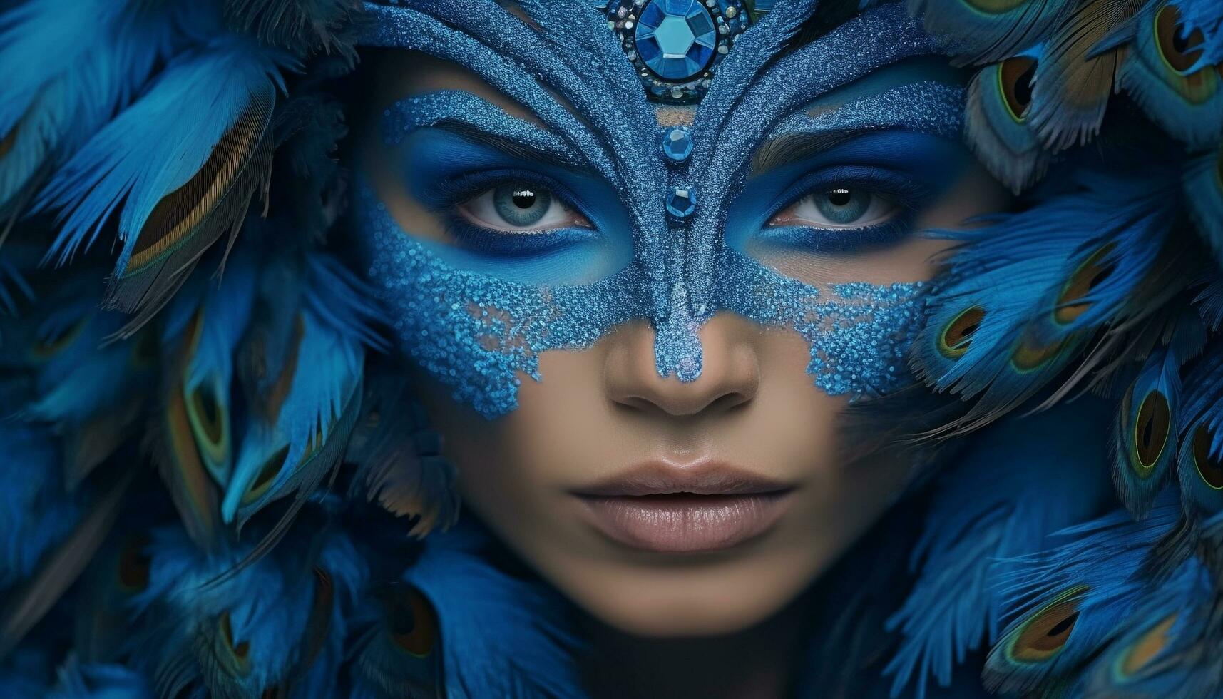 Beautiful woman with feathered hair, adorned with peacock pattern, exudes elegance generated by AI photo