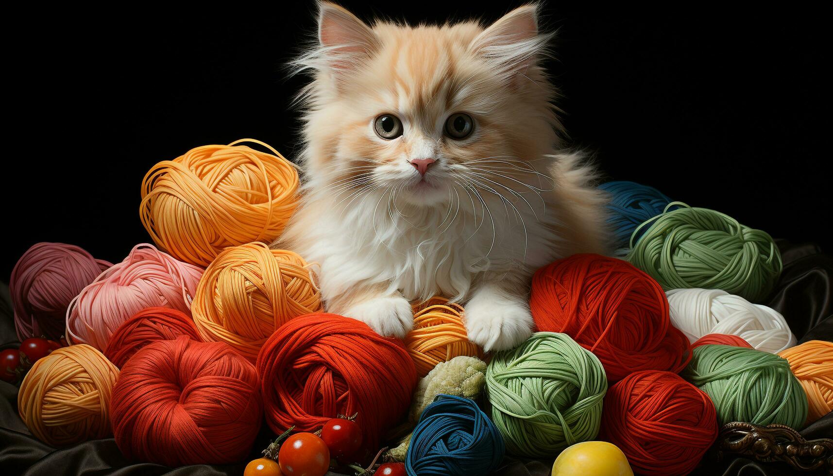 Cute kitten playing with a ball of wool, curious and playful generated by AI photo