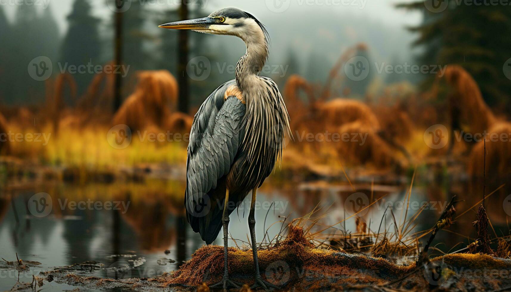 Egret perching on branch, reflecting in tranquil swamp water generated by AI photo