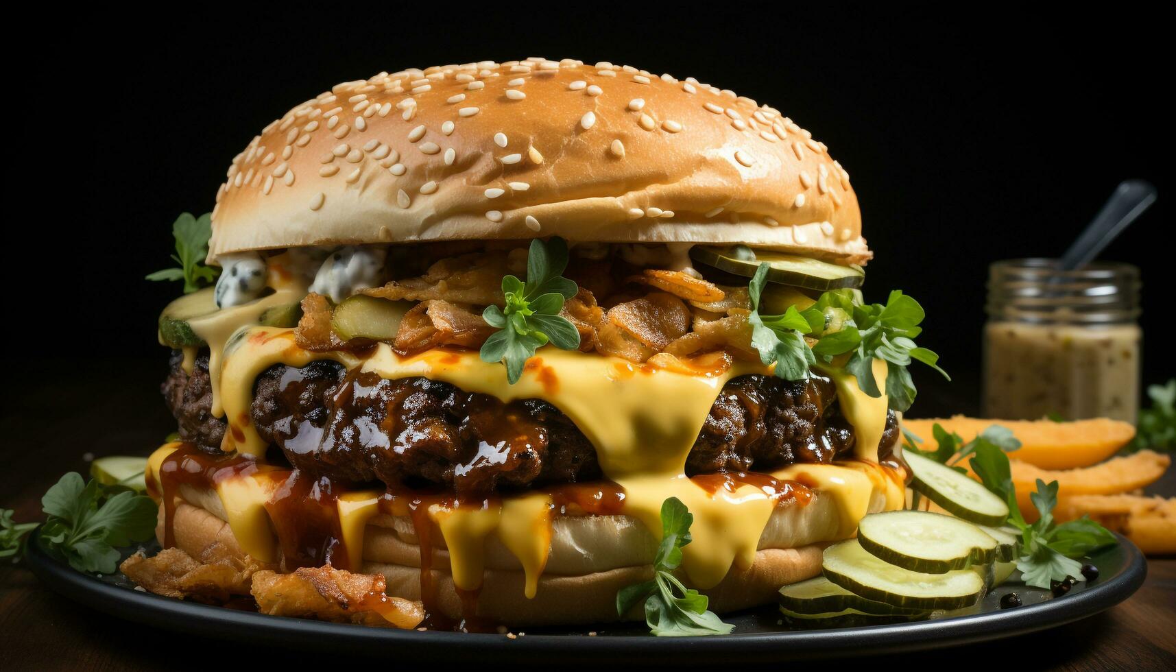 Grilled gourmet burger with cheese, tomato, onion on fresh bun generated by AI photo