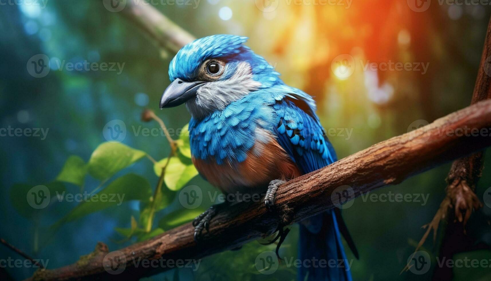 Macaw perching on a branch, showcasing vibrant colors in tropical forest generated by AI photo