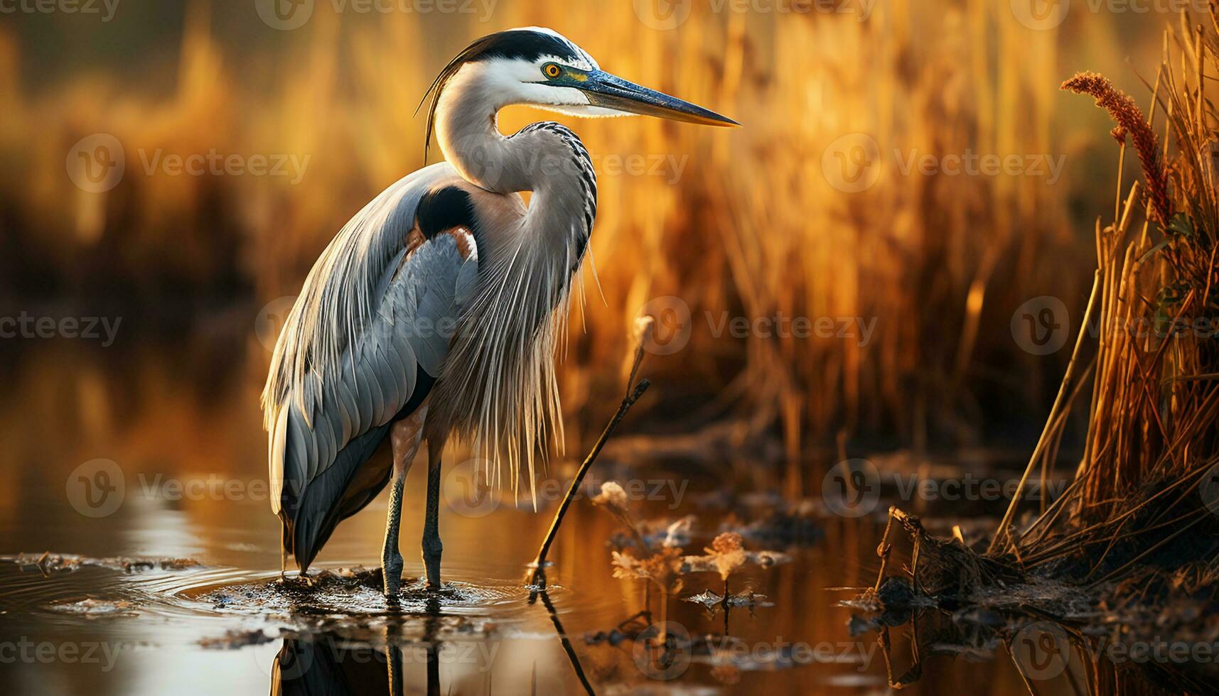 Tranquil scene heron family standing, reflecting in pond at sunset generated by AI photo