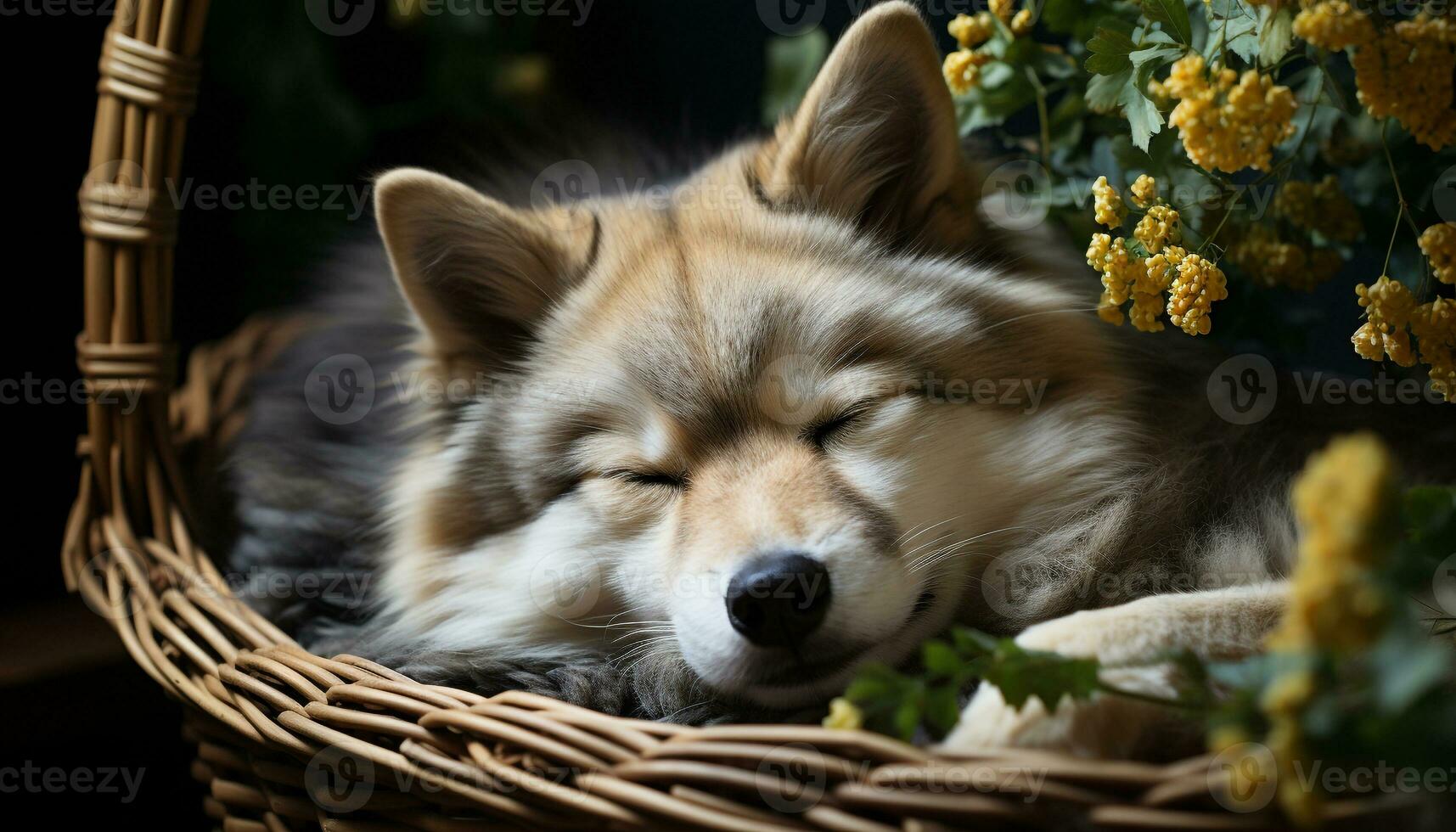 linda pequeño perrito dormido en un cesta, rodeado por naturaleza generado por ai foto