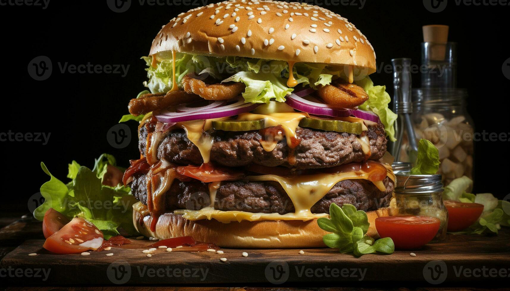Grilled meat, tomato, cheeseburger, onion, gourmet bread, unhealthy eating generated by AI photo
