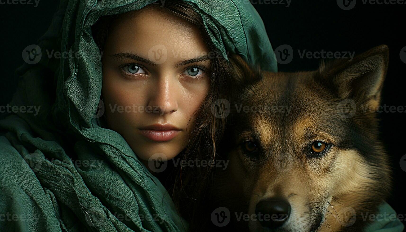 A beautiful woman and her cute dog, sitting together, smiling generated by AI photo