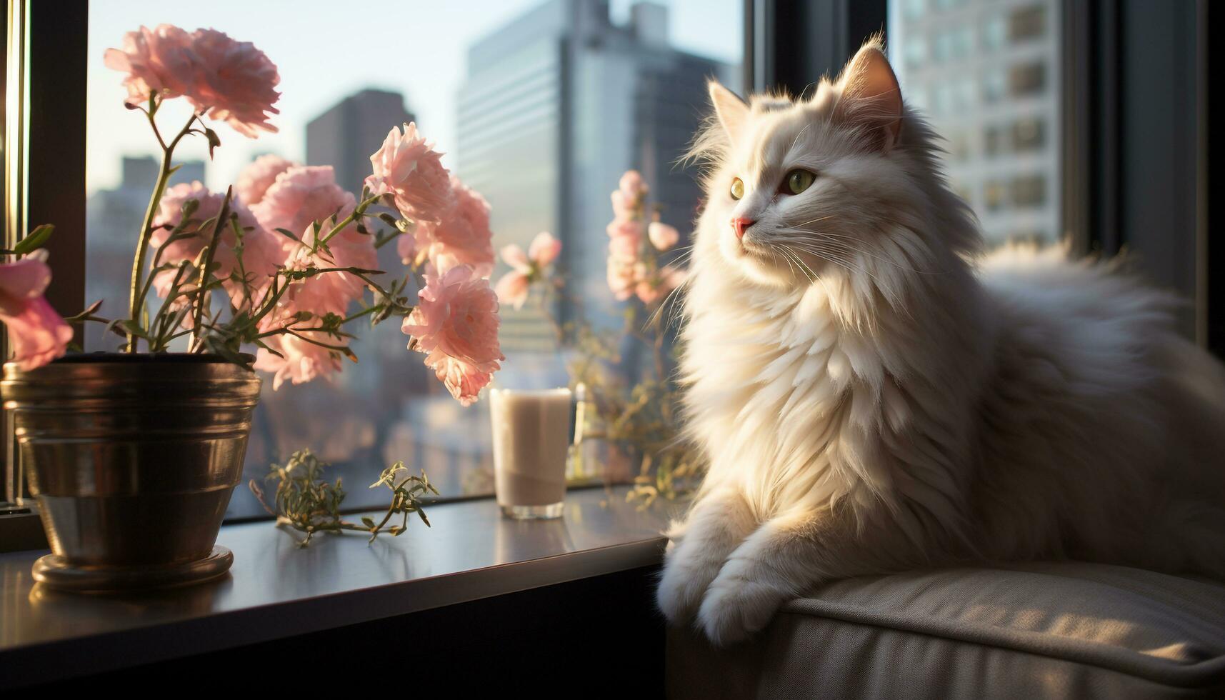 Cute kitten sitting on window sill, enjoying nature beauty generated by AI photo