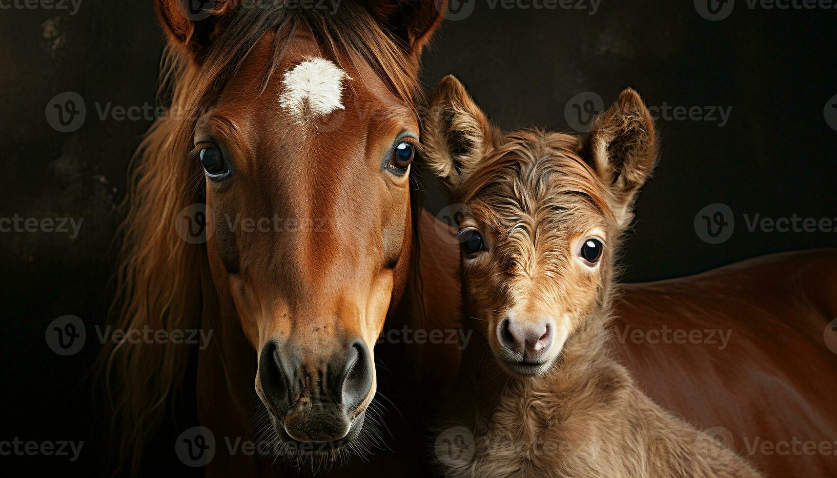 Cute horse and foal grazing in meadow, looking at camera generated by AI photo