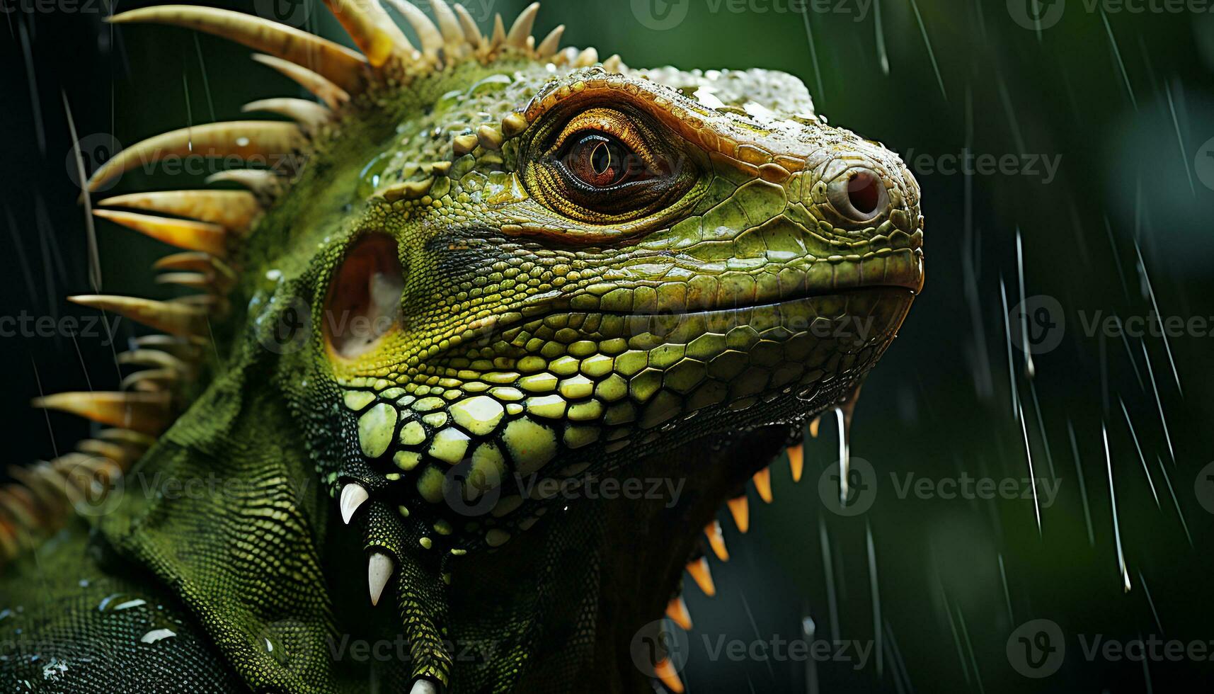 Green lizard in tropical rainforest, staring with spooky eyes generated by AI photo