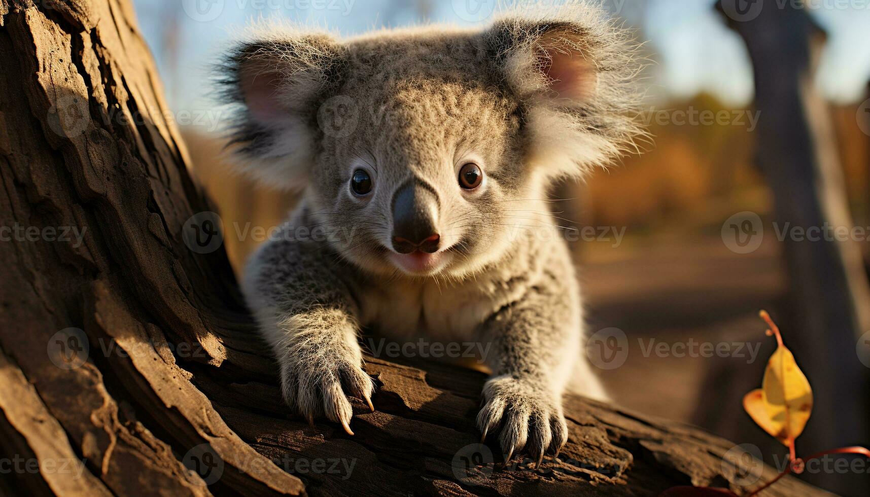 Cute koala sitting on a branch, looking at the camera generated by AI photo