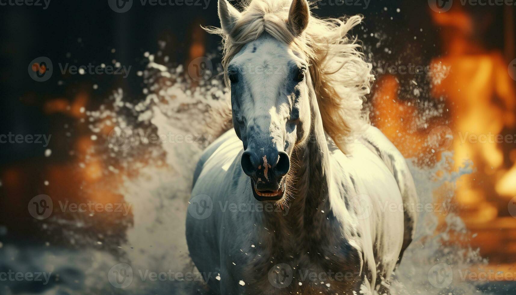 A majestic stallion runs freely in the snowy meadow generated by AI photo