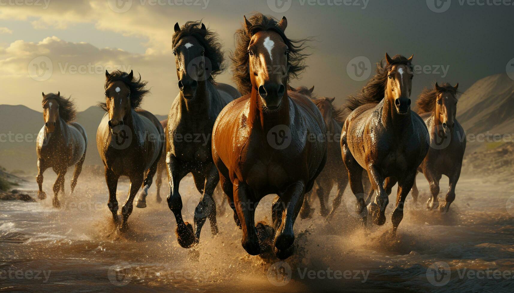 Running stallions in a picturesque meadow, embodying freedom and beauty generated by AI photo