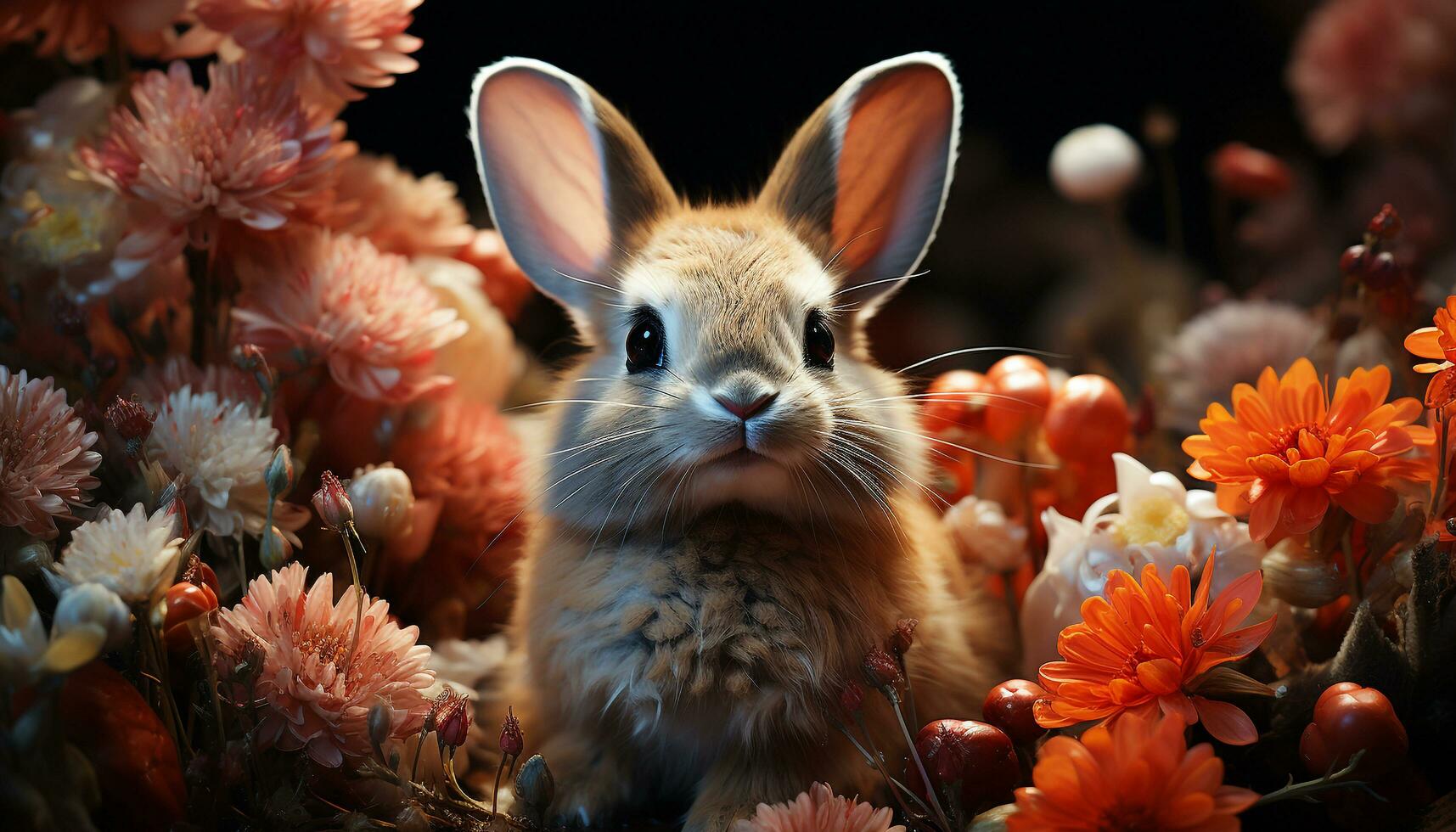 Cute rabbit sitting in grass, looking at a single flower generated by AI photo