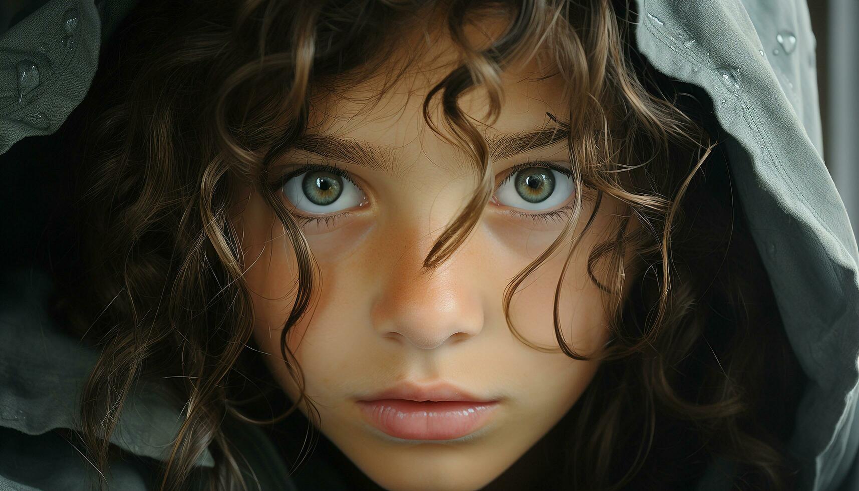 Portrait of a cute Caucasian girl with curly brown hair generated by AI photo