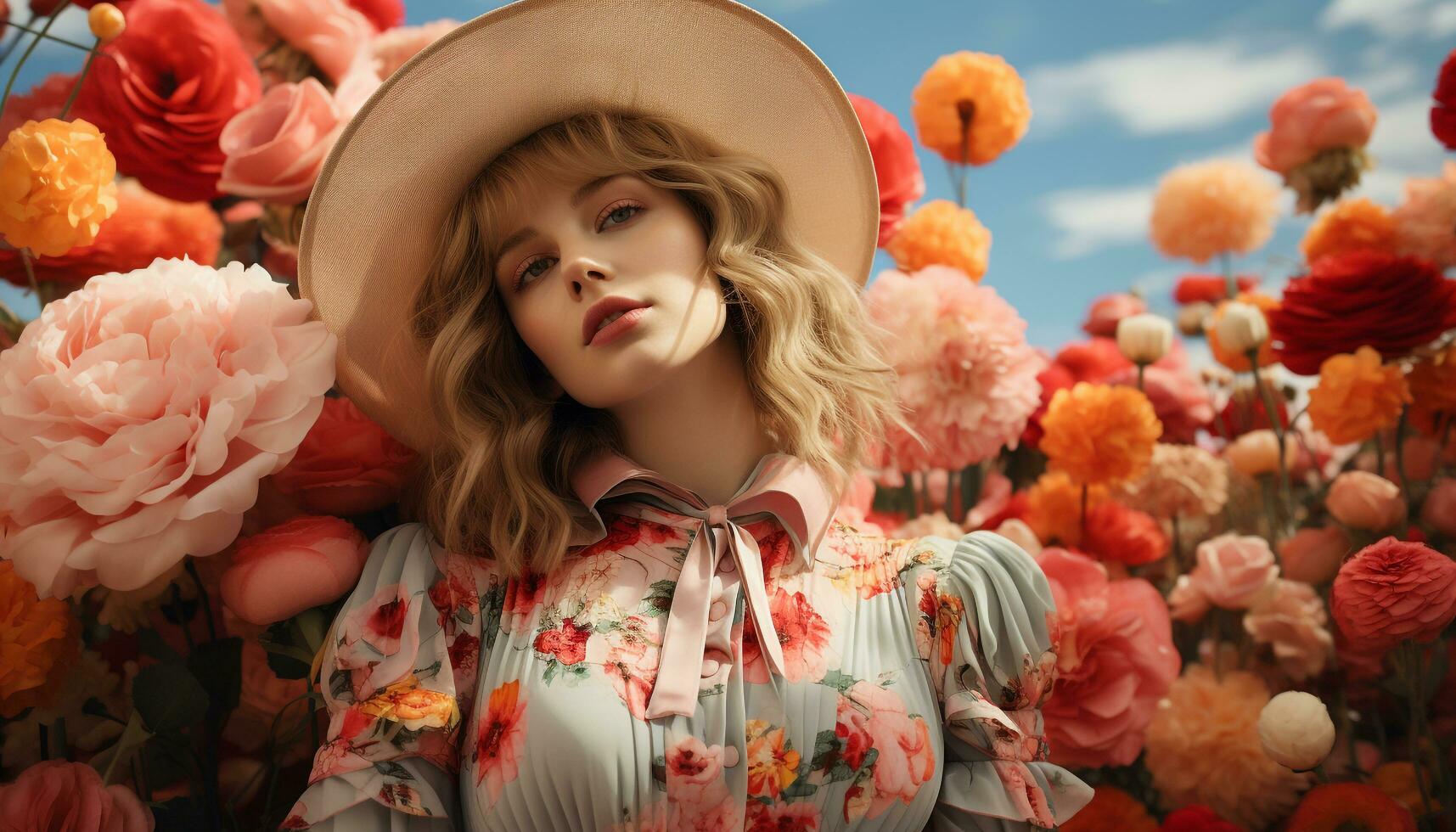 A beautiful blond woman in a summer dress, surrounded by flowers generated by AI photo