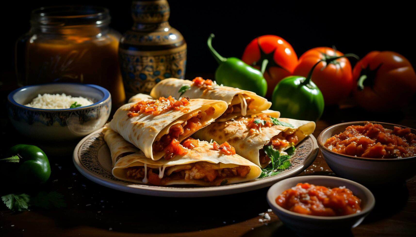 A plate of Mexican food grilled beef, fresh vegetables, homemade sauce generated by AI photo