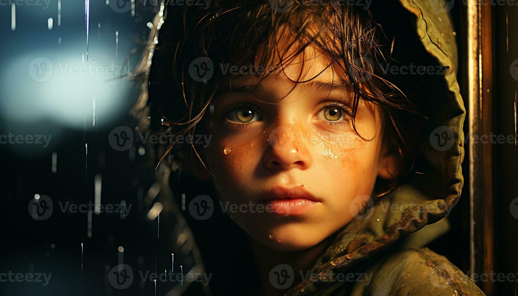 A cute child looking at camera, wet from the rain generated by AI photo
