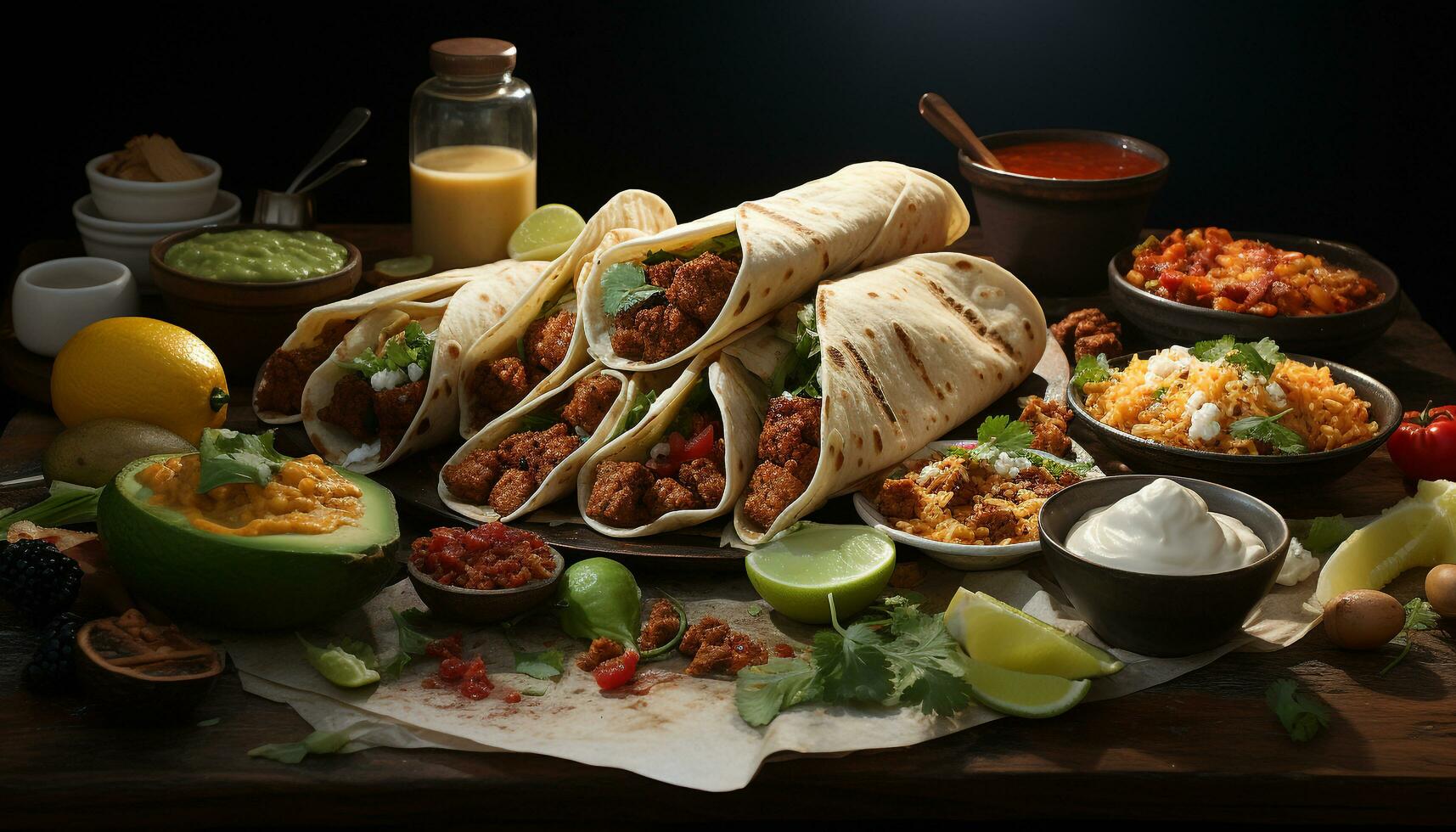 Grilled beef taco with guacamole, cilantro, and spicy homemade sauce generated by AI photo