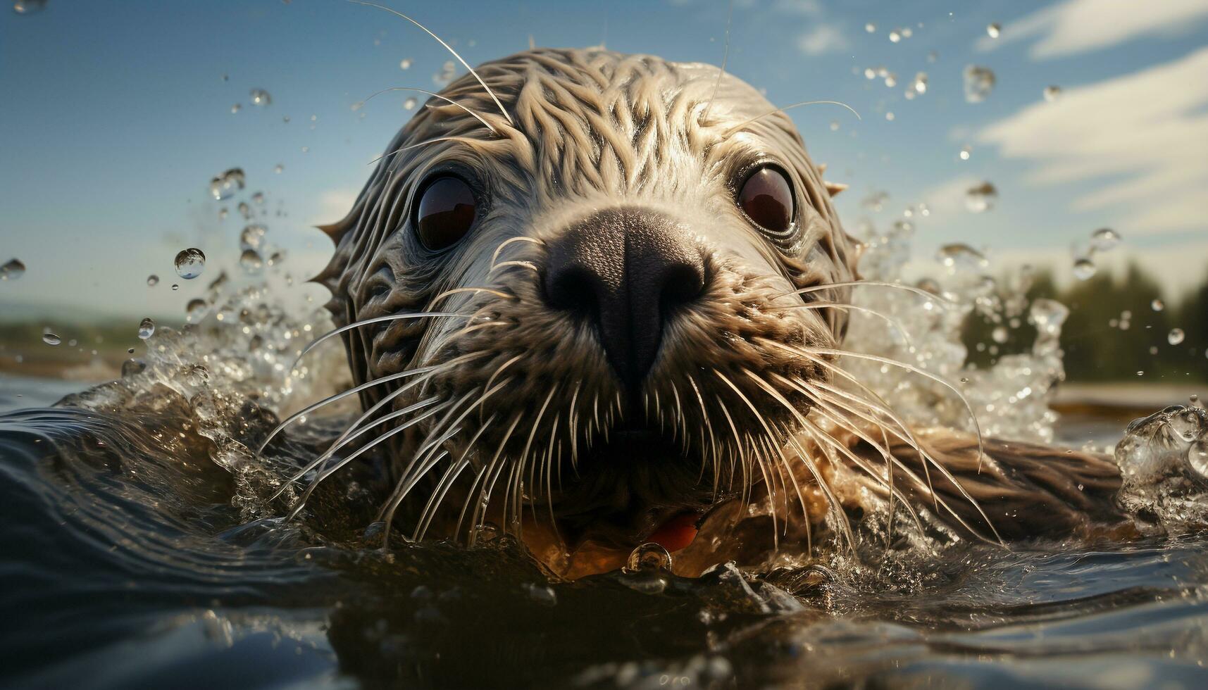 Cute seal swimming underwater, looking at camera, playful and fun generated by AI photo