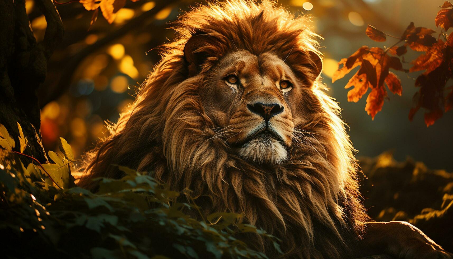Majestic lion, king of the savannah, hides in autumn golden grass generated by AI photo