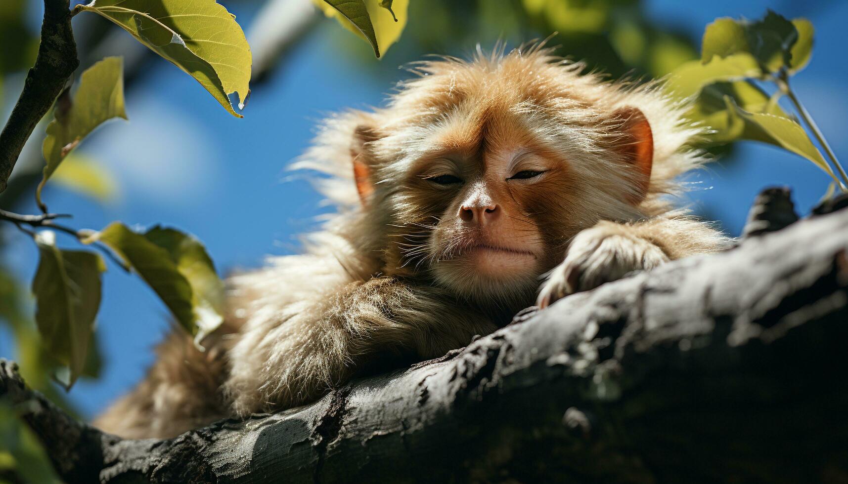 Cute monkey resting on a branch in a tropical rainforest generated by AI photo