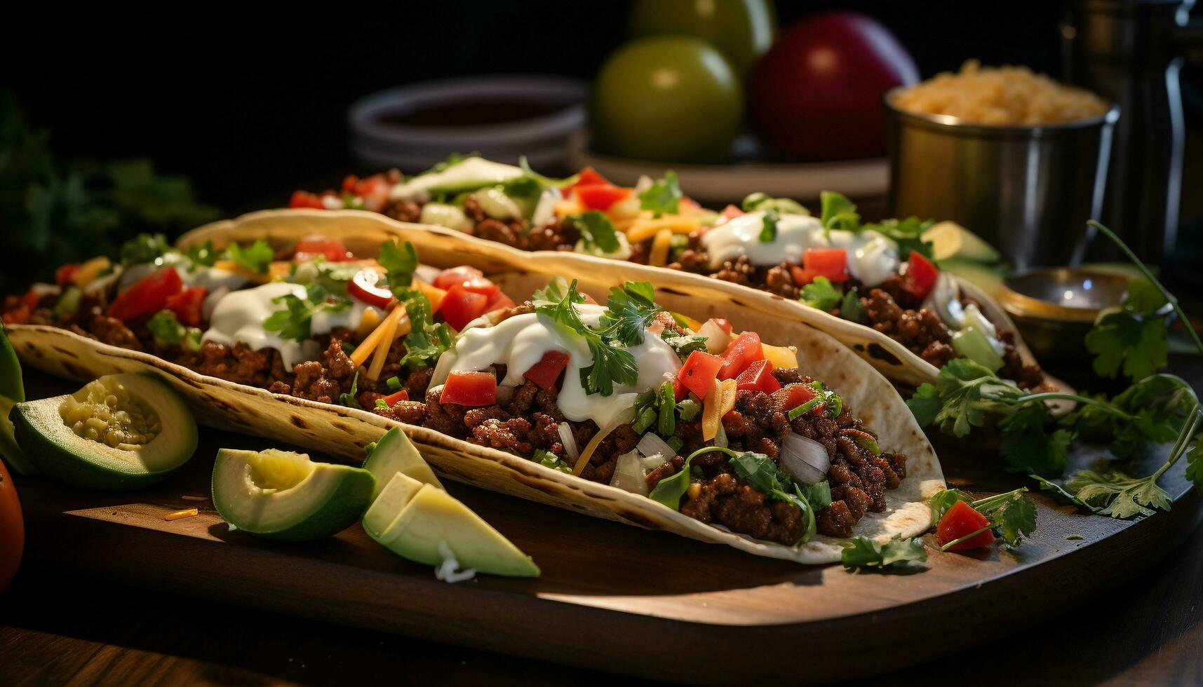 A delicious Mexican meal with grilled meat, fresh vegetables, and guacamole generated by AI photo