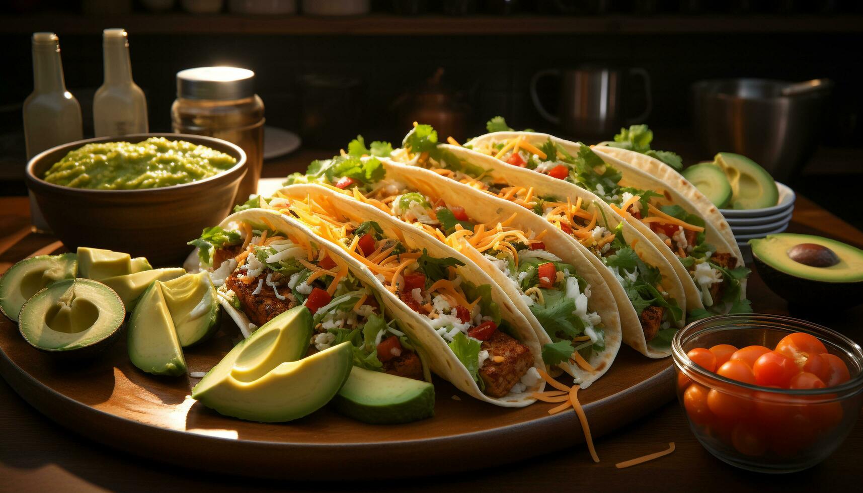 Freshness and flavor burst in this homemade Mexican guacamole taco generated by AI photo