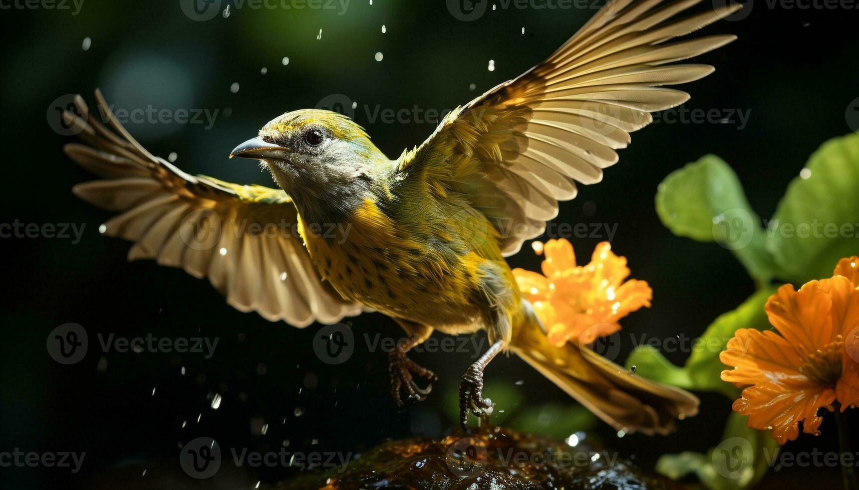 Animal in nature, flying with spread wings, perching on branch generated by AI photo