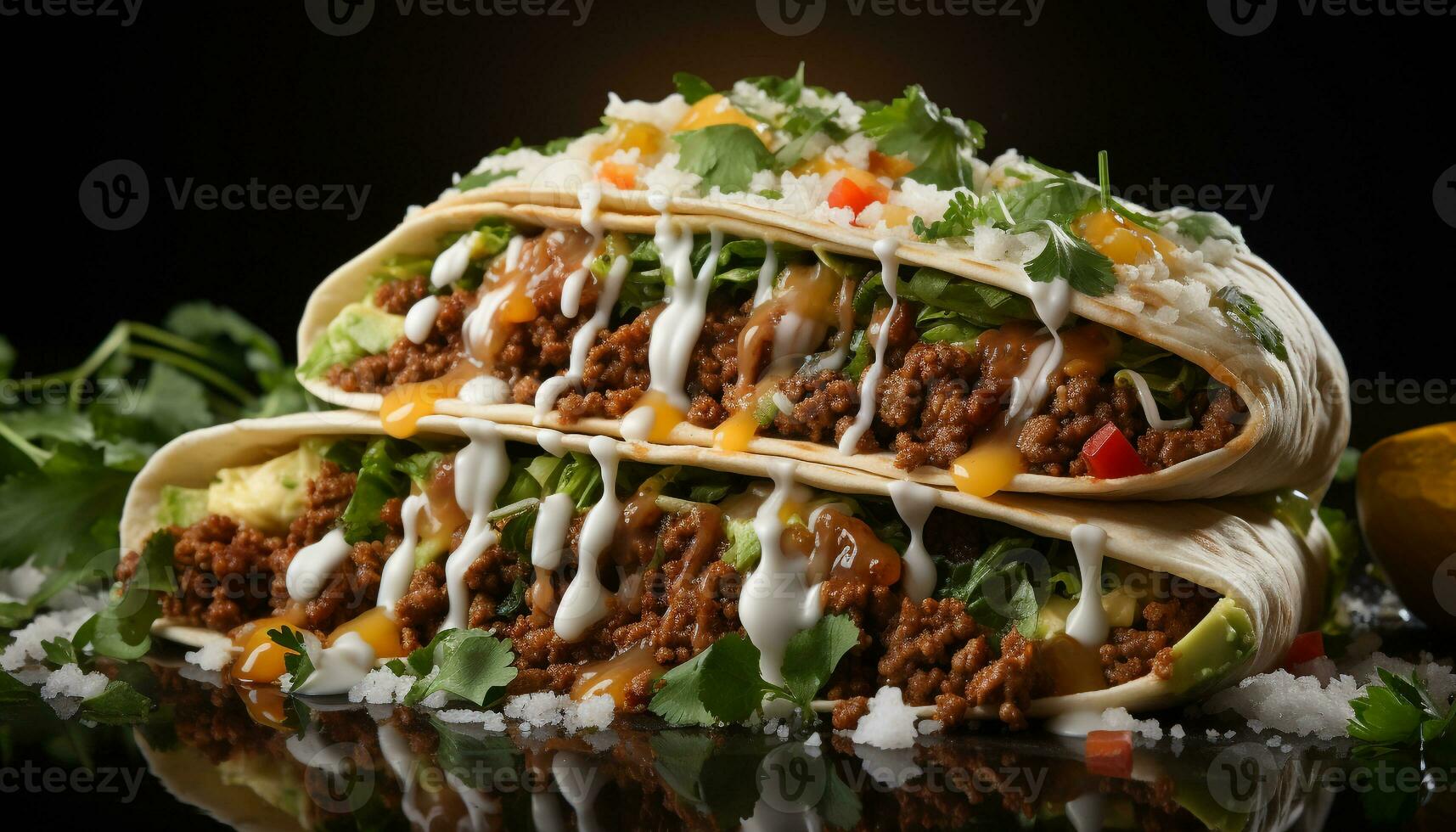 Grilled beef taco with tomato, guacamole, and fresh cilantro on flatbread generated by AI photo