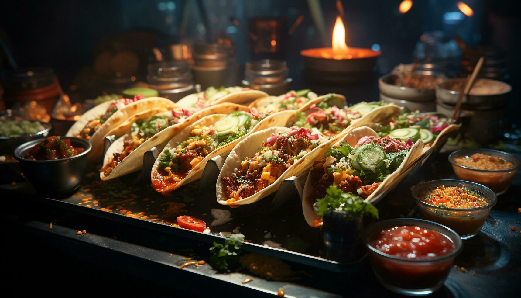 Grilled beef taco with fresh guacamole, spicy salsa, and vegetables generated by AI photo